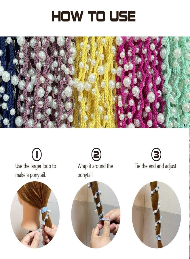 DAOSUN Cute Pearl Hair Ties for Women Hand Braided Sport Ponytail Holders Long Pony Tail Wrap for Workouts, Daily Use, Beach,Swim,Surf,Diving Tangle Free Hair Accessories -25" 3 Packs,Navy Blue/Pink/Green - Image 5